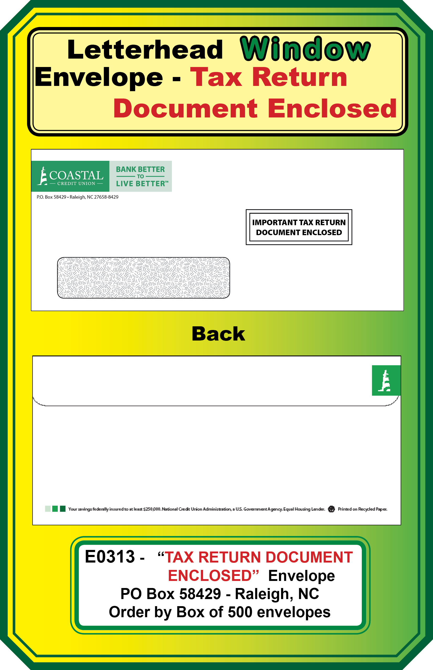 ENVELOPE-Tax Document Enclosed Window Envelope**<b>Order By:Box of 500 envelopes<b>